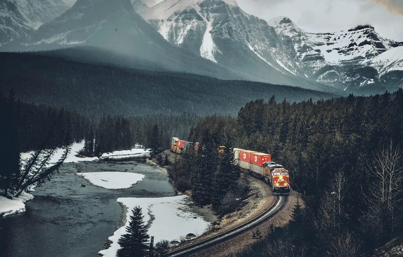 Photo wallpaper mountains, train, railroad
