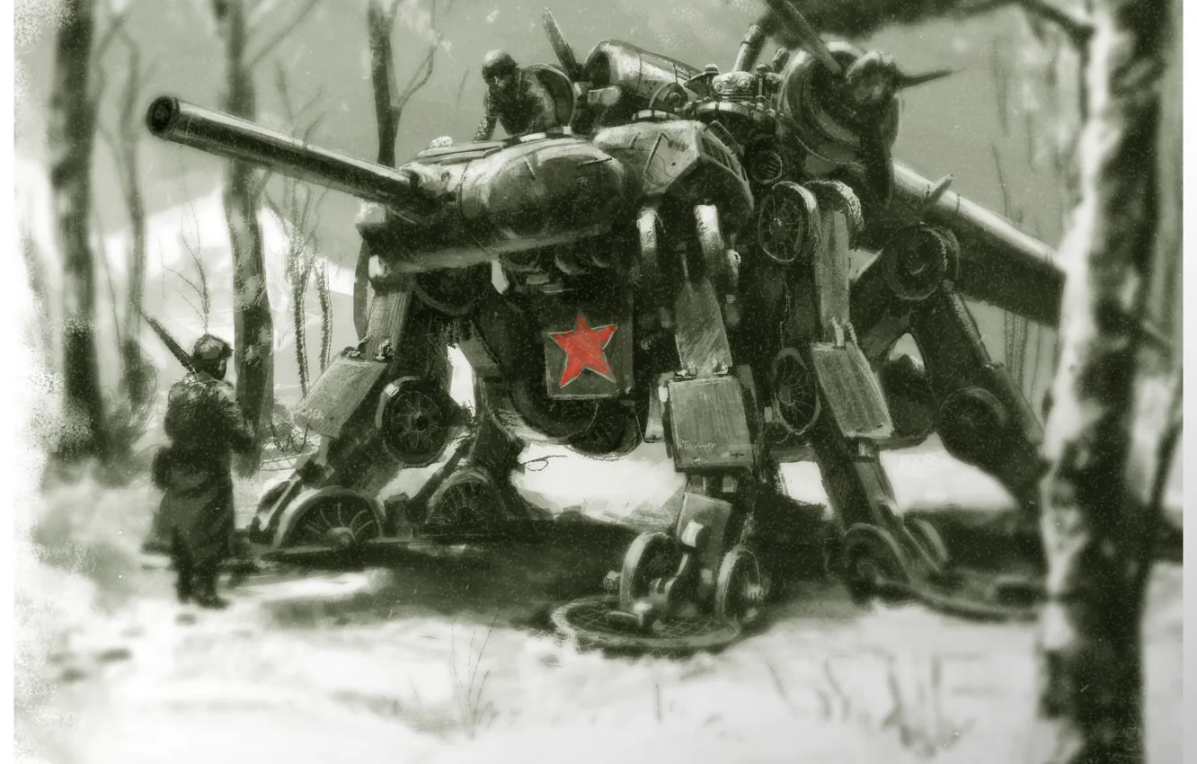 Photo wallpaper forest, snow, tank, art, mosquito, soviet mosquito tank