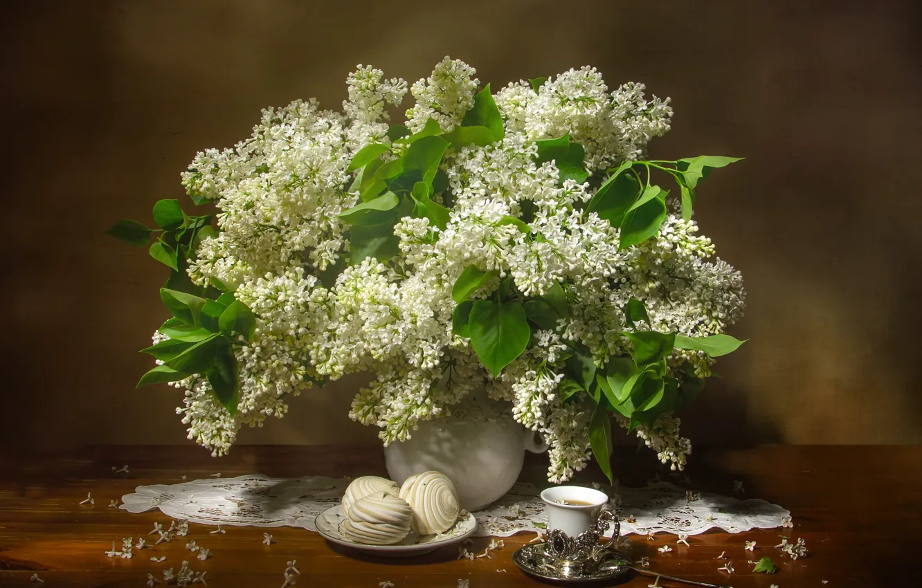 Photo wallpaper branches, Cup, pitcher, still life, table, dessert, lilac, napkin