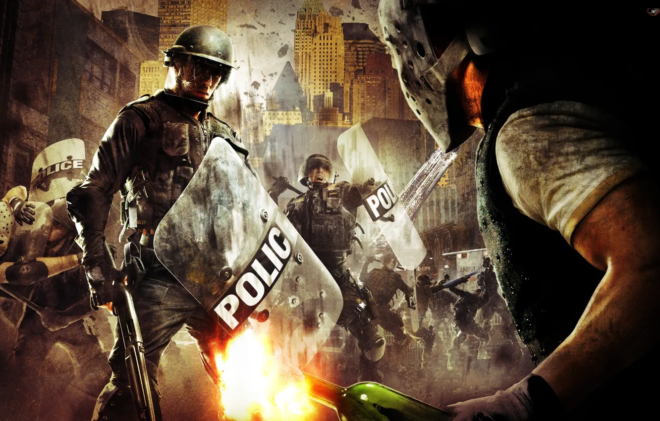 Photo wallpaper police, shield, Winchester, police, street gangs, a Molotov cocktail, riots, urban chaos riot response