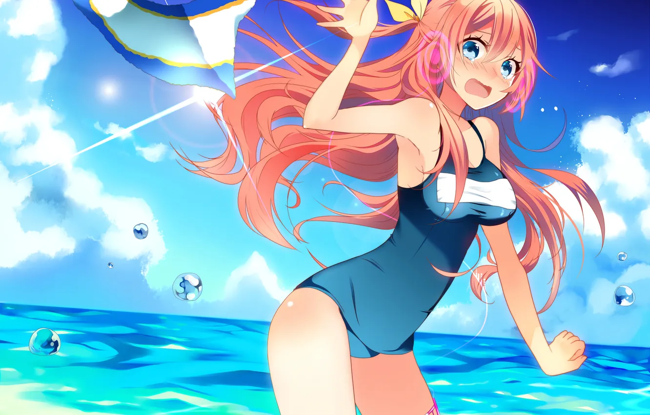 Photo wallpaper girl, sexy, cleavage, beach, Vocaloid, pink hair, long hair, sea