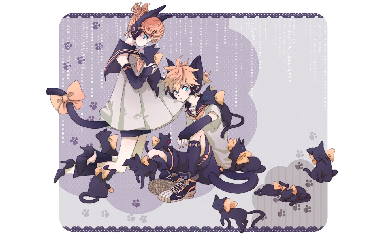 Photo wallpaper cats, anime, art, bows, Vocaloid, Vocaloid, characters, seals