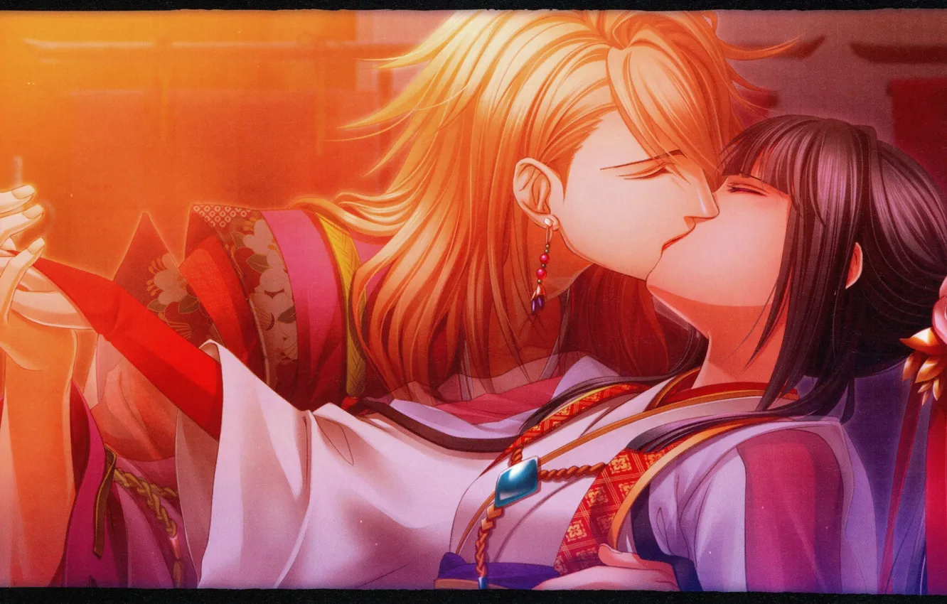 Photo wallpaper kiss, earrings, hands, hairstyle, costume, art, closed eyes, visual novel