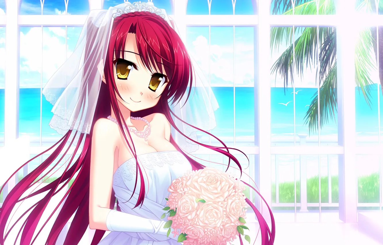 Photo wallpaper chest, look, girl, smile, roses, bouquet, necklace, blush