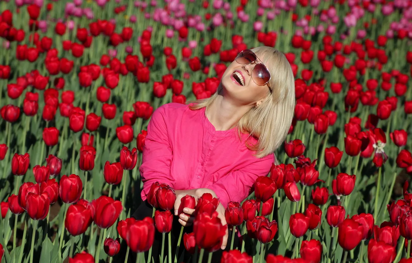 Photo wallpaper field, girl, tulips