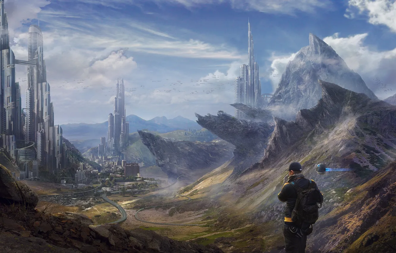 Photo wallpaper the sky, clouds, mountains, the city, fiction, rocks, people, traveler