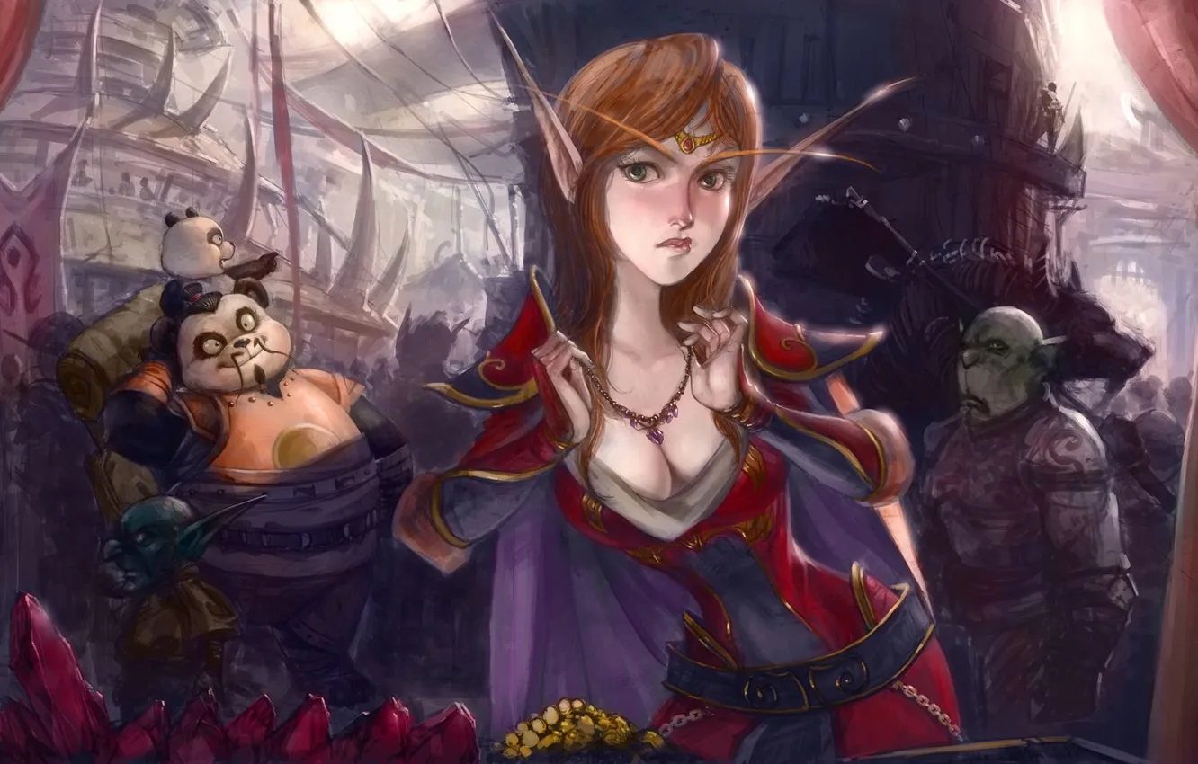 Photo wallpaper art, World of Warcraft, Goblin, Orc, Bazaar, Worgen, Pandaren, the blood elf