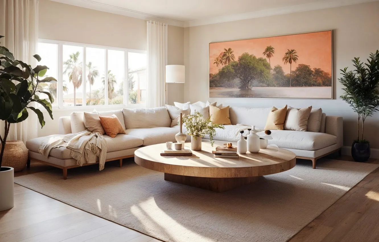 Photo wallpaper design, room, plant, interior, picture, pillow, sofa, living room