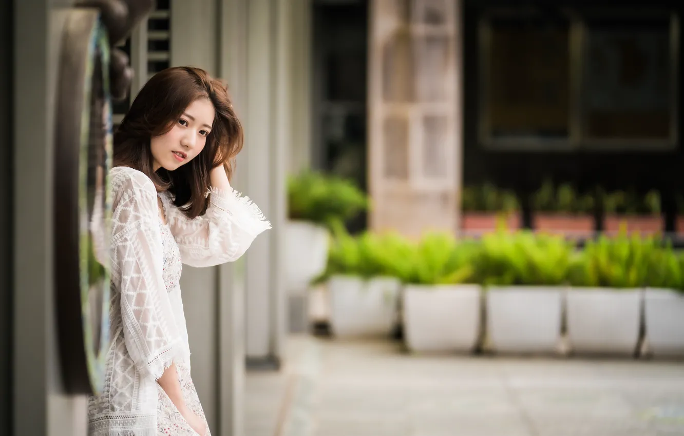 Photo wallpaper girl, hair, brown hair, Asian, cutie, bokeh