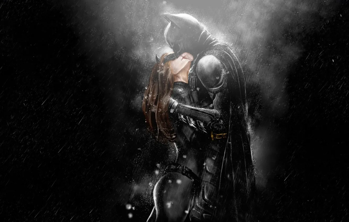 Photo wallpaper Batman, rain, dark knight rises, kissing, catwomen, art. 3D