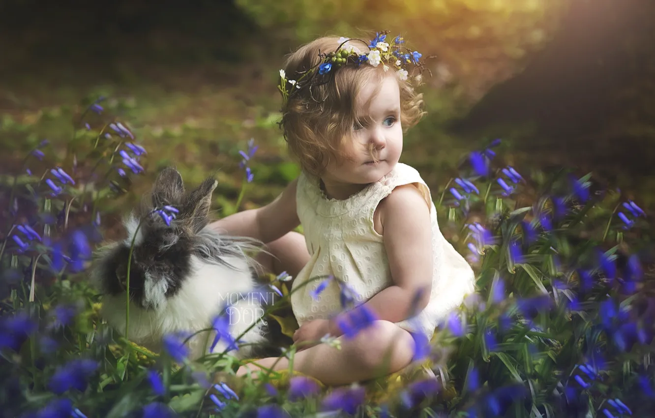 Photo wallpaper childhood, child, rabbit, girl, bells, wreath