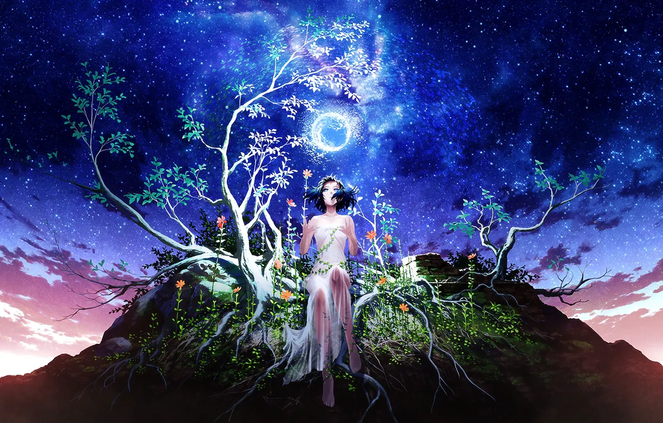 Photo wallpaper the sky, girl, night, branches, tree, the moon, stars