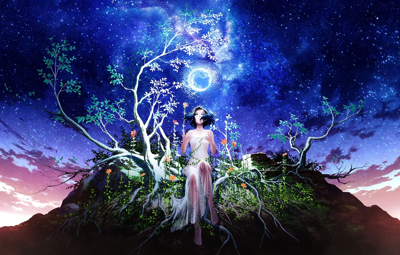 Photo wallpaper stars, trees, the moon, night, girl, the sky, branches
