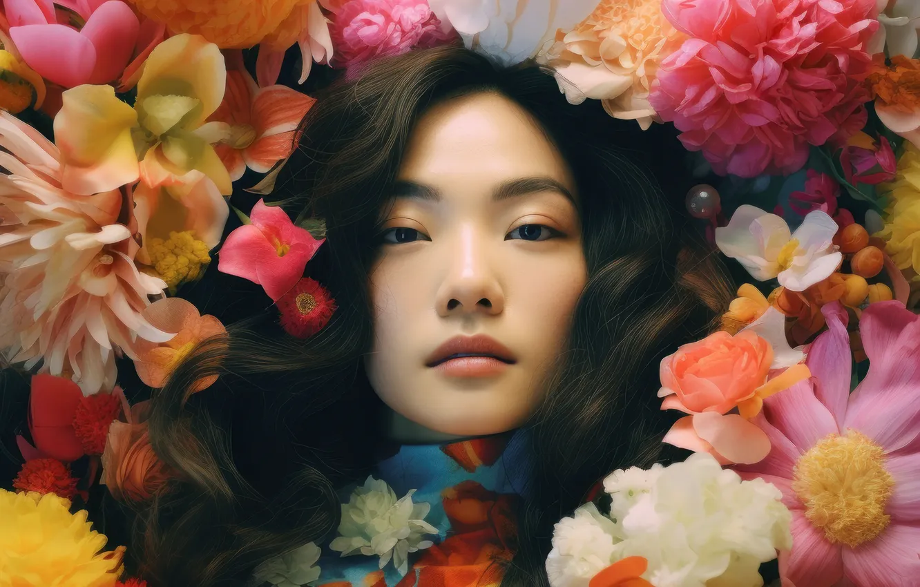 Photo wallpaper look, girl, flowers, Asian, digital art, AI art, The Art of Artificial Intelligence, neural network