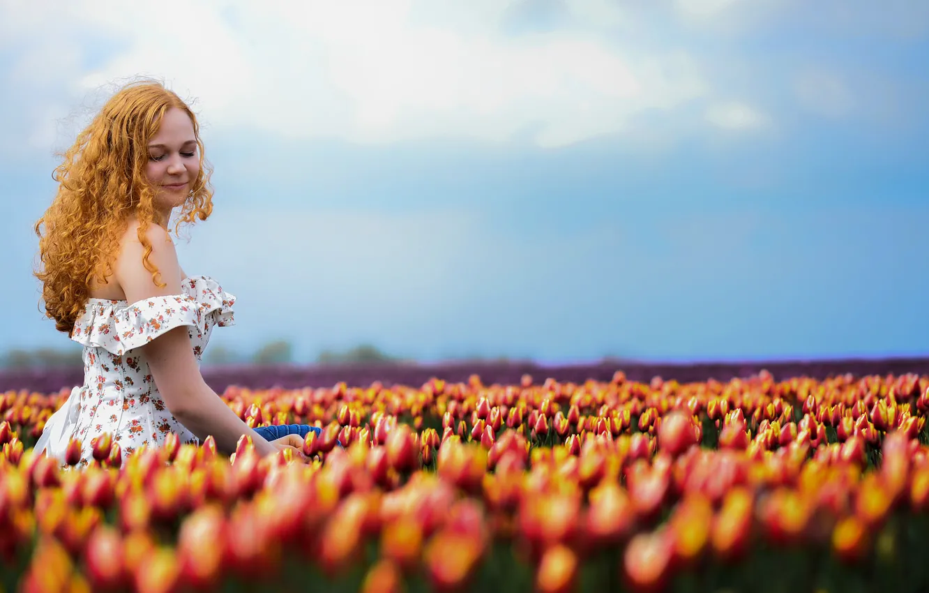 Photo wallpaper summer, girl, tulips