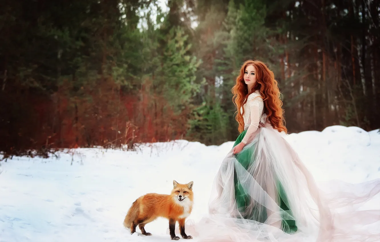 Photo wallpaper winter, forest, girl, snow, nature, glade, ate, dress