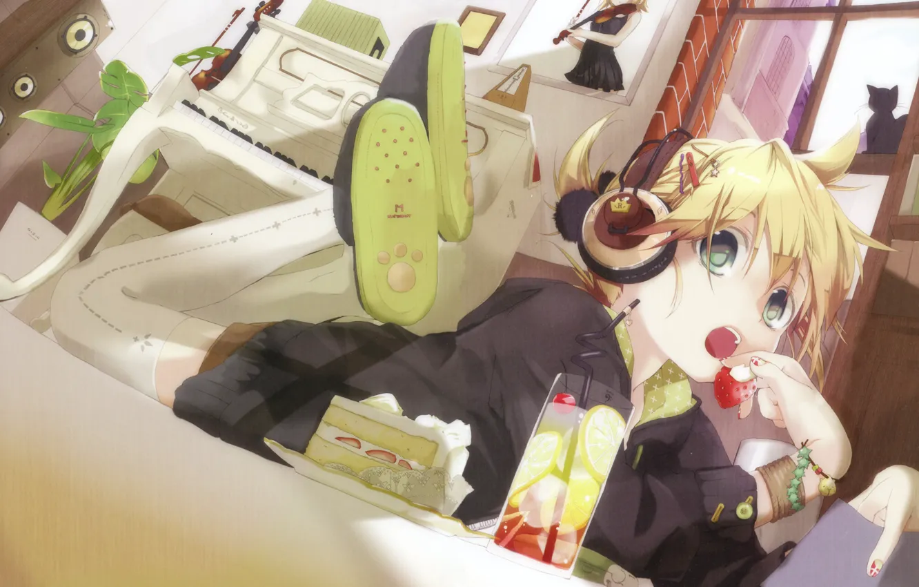 Photo wallpaper girl, vocaloid, kagamine rin, headphones, kagamine len, hekicha