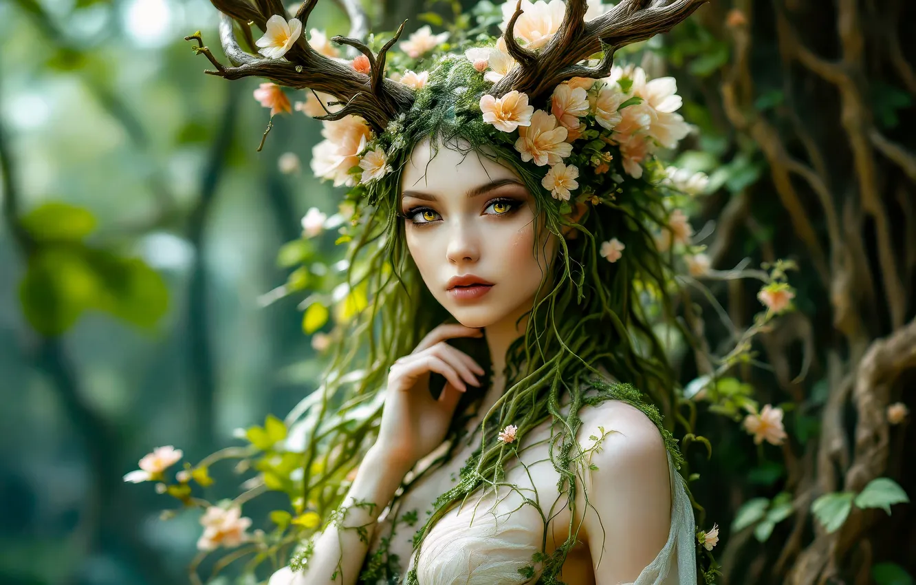 Photo wallpaper greens, chest, look, girl, trees, flowers, nature, branch