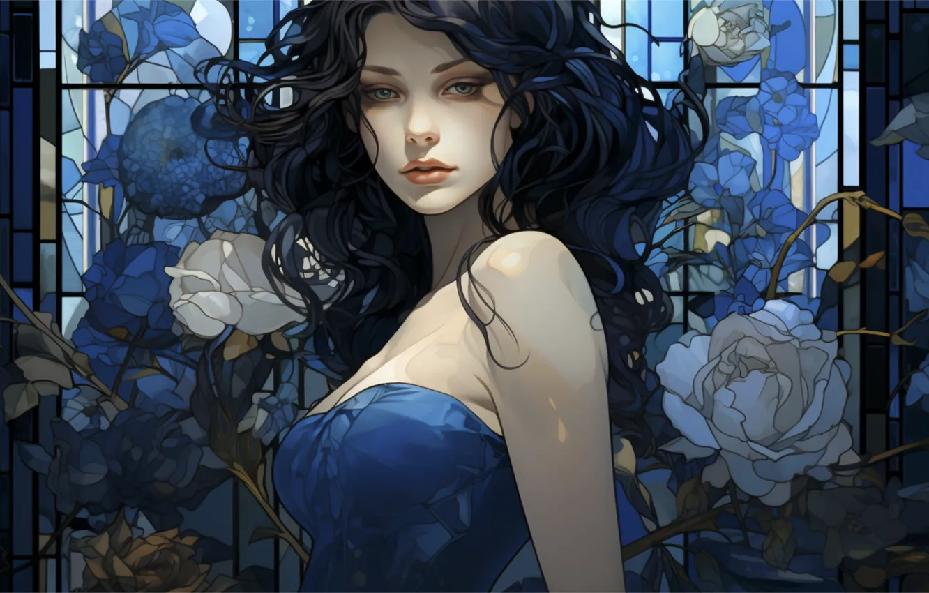 Photo wallpaper look, girl, flowers, portrait, roses, grille, brunette, stained glass
