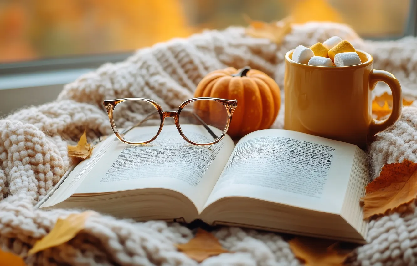 Photo wallpaper autumn, comfort, glasses, pumpkin, book, marshmallows, AI art, neural network