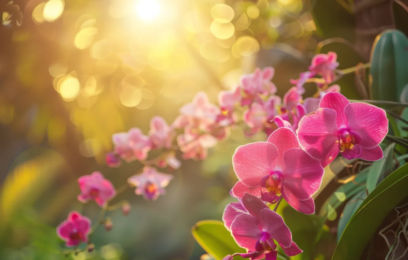 Photo wallpaper the sun, flowers, pink, Orchid, bokeh, AI art, neural network