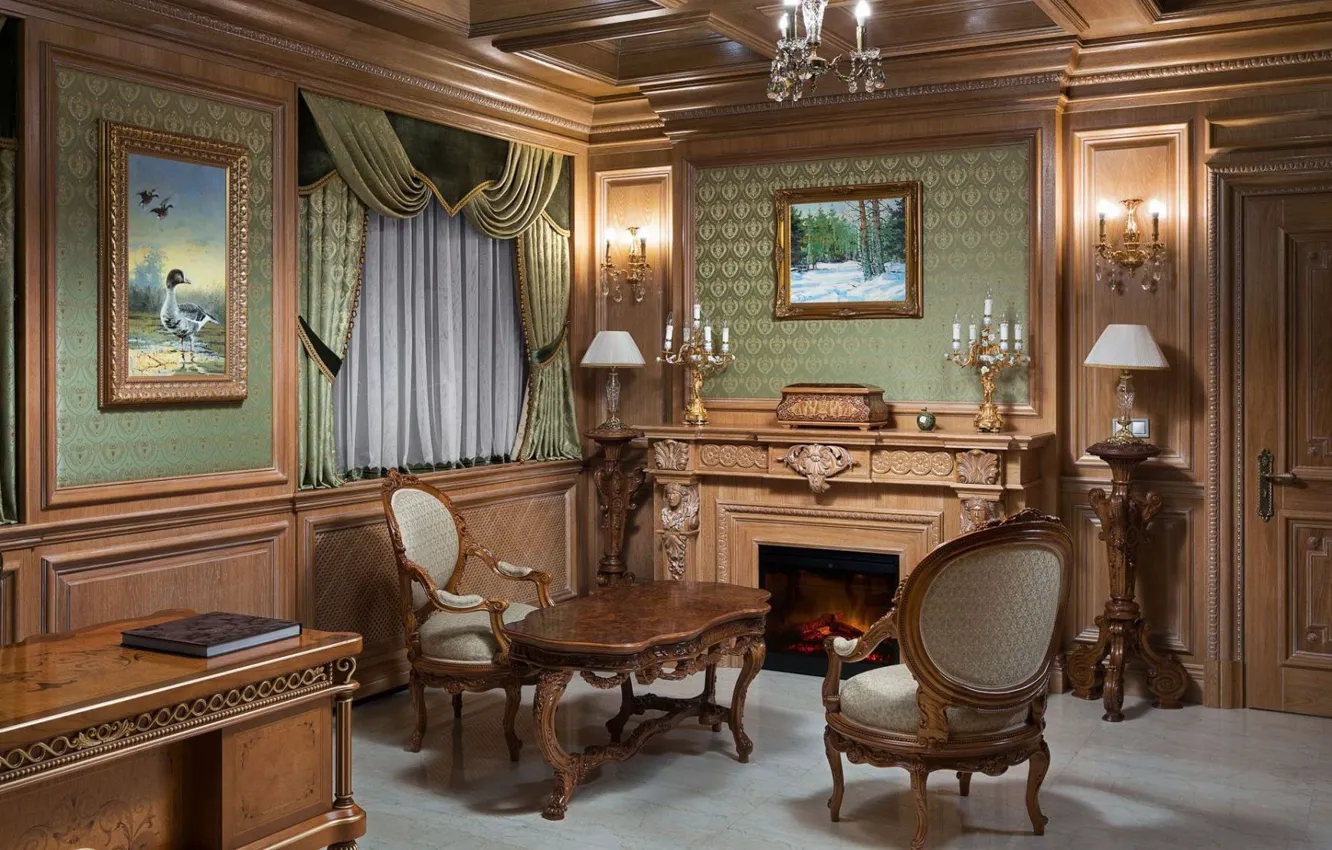 Photo wallpaper design, interior, chair, fireplace, English style, office
