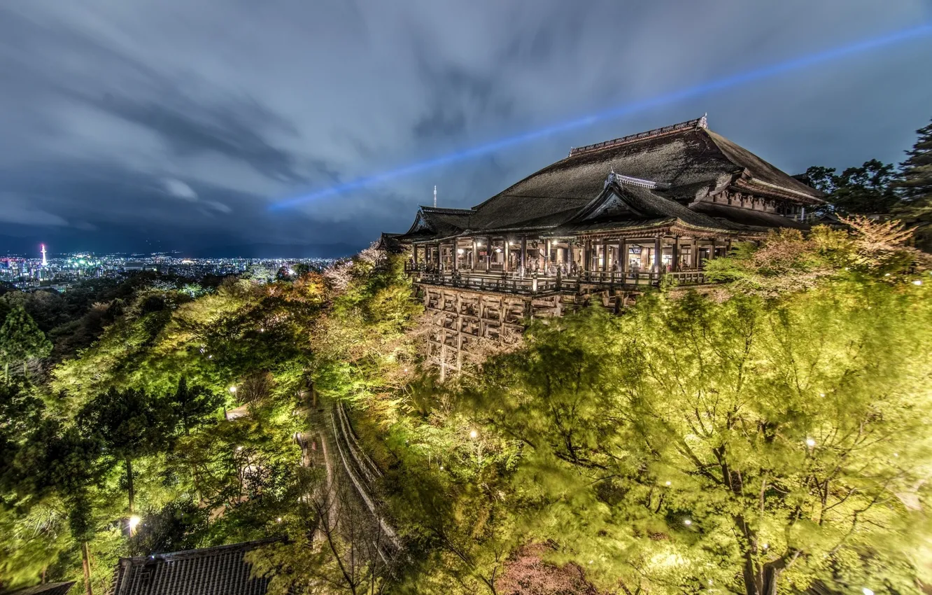 Photo wallpaper trees, Japan, hdr, panorama, temple, Japan, night city, Kyoto