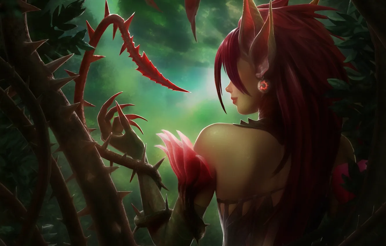 Photo wallpaper forest, girl, plants, spikes, claws, ears, back, vines