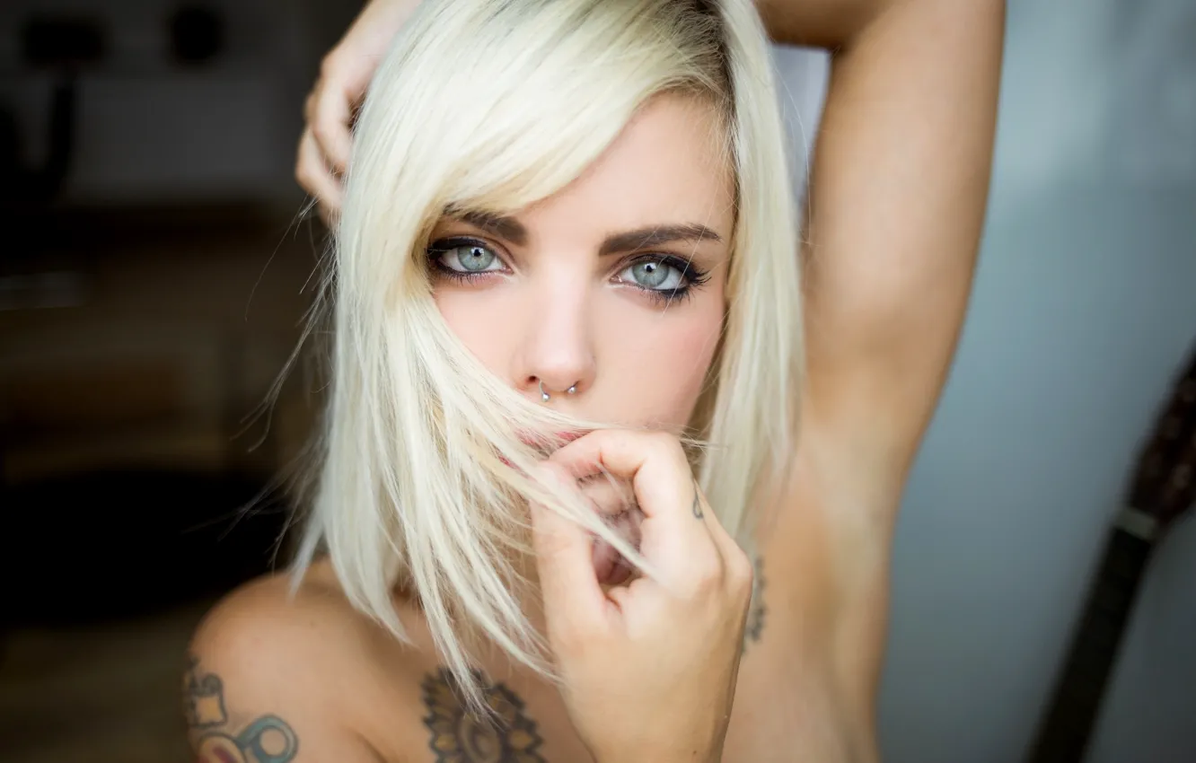Photo wallpaper girl, Model, photo, blue eyes, tattoo, lips, face, blonde
