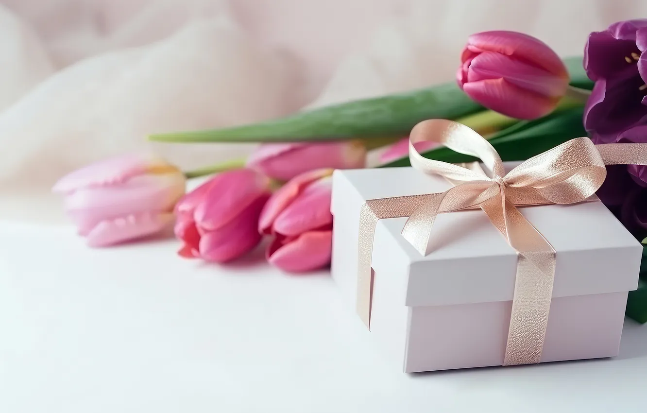 Photo wallpaper flowers, birthday, holiday, gift, bouquet, tulips, white background, pink