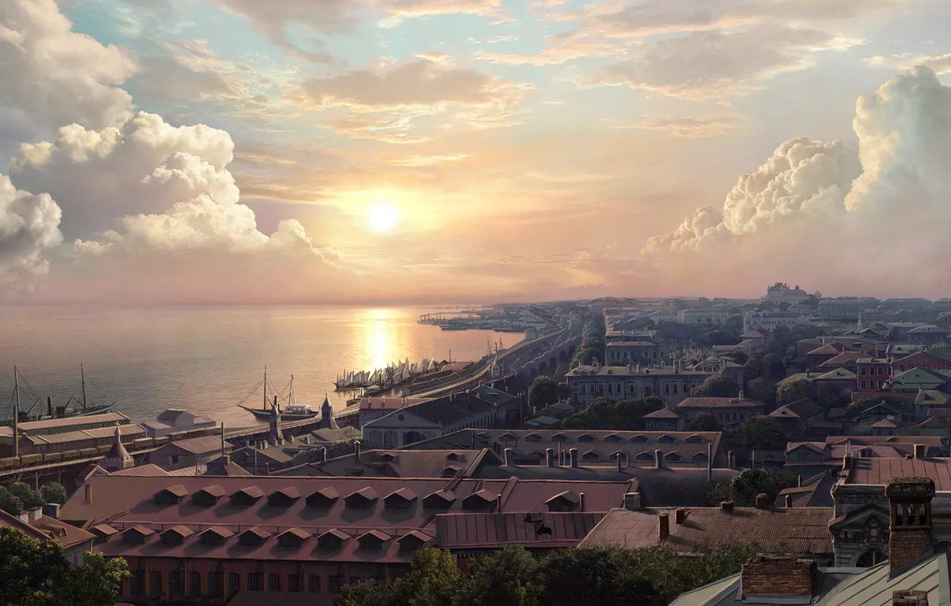 Photo wallpaper sea, the city, promenade, Concept Artist, Olga Antonenko