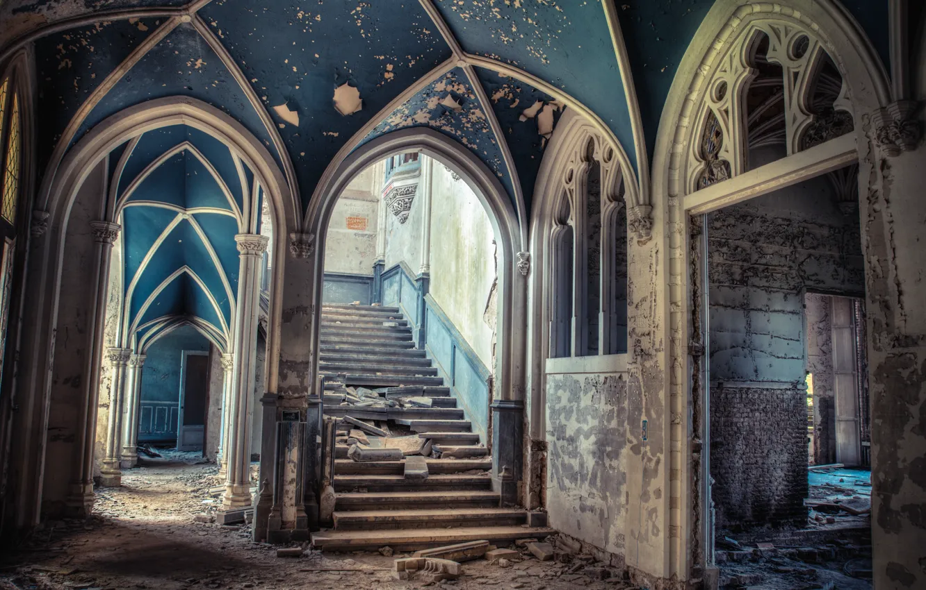 Photo wallpaper ladder, devastation, steps, arch, mansion, abandonment