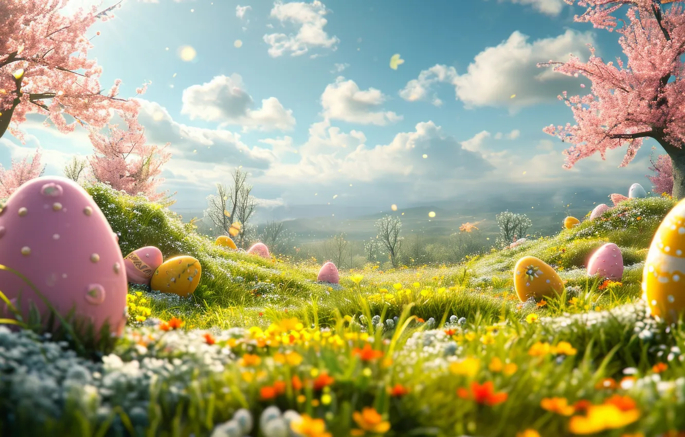 Photo wallpaper greens, the sky, grass, clouds, flowers, branches, holiday, hills