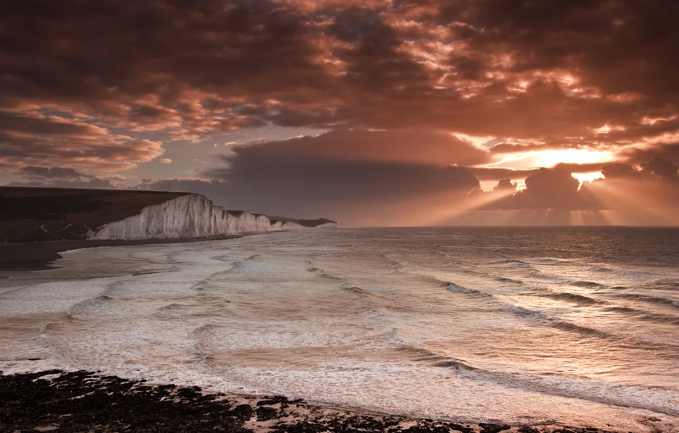 Photo wallpaper wave, the sky, clouds, light, rocks, Puerile