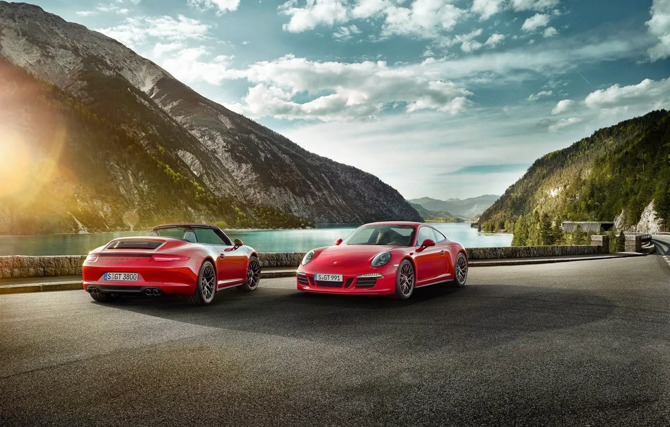 Photo wallpaper 911, Porsche, Red, Car, Clouds, Sky, Sun, Carrera