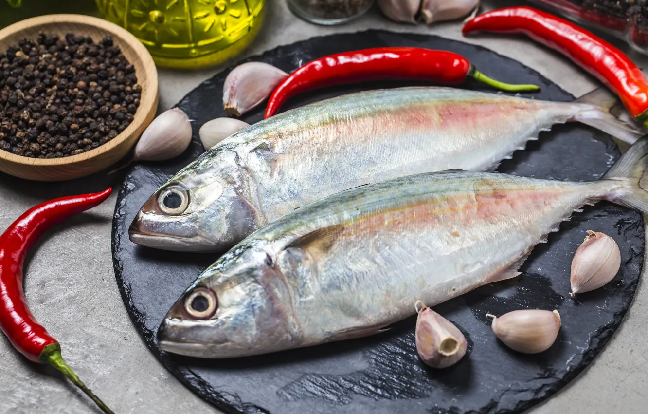 Photo wallpaper fish, spices, garlic, mackerel