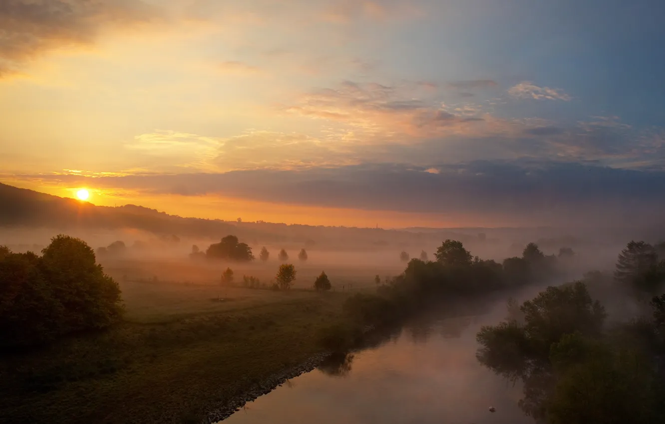 Photo wallpaper summer, the sky, the sun, clouds, rays, trees, fog, river