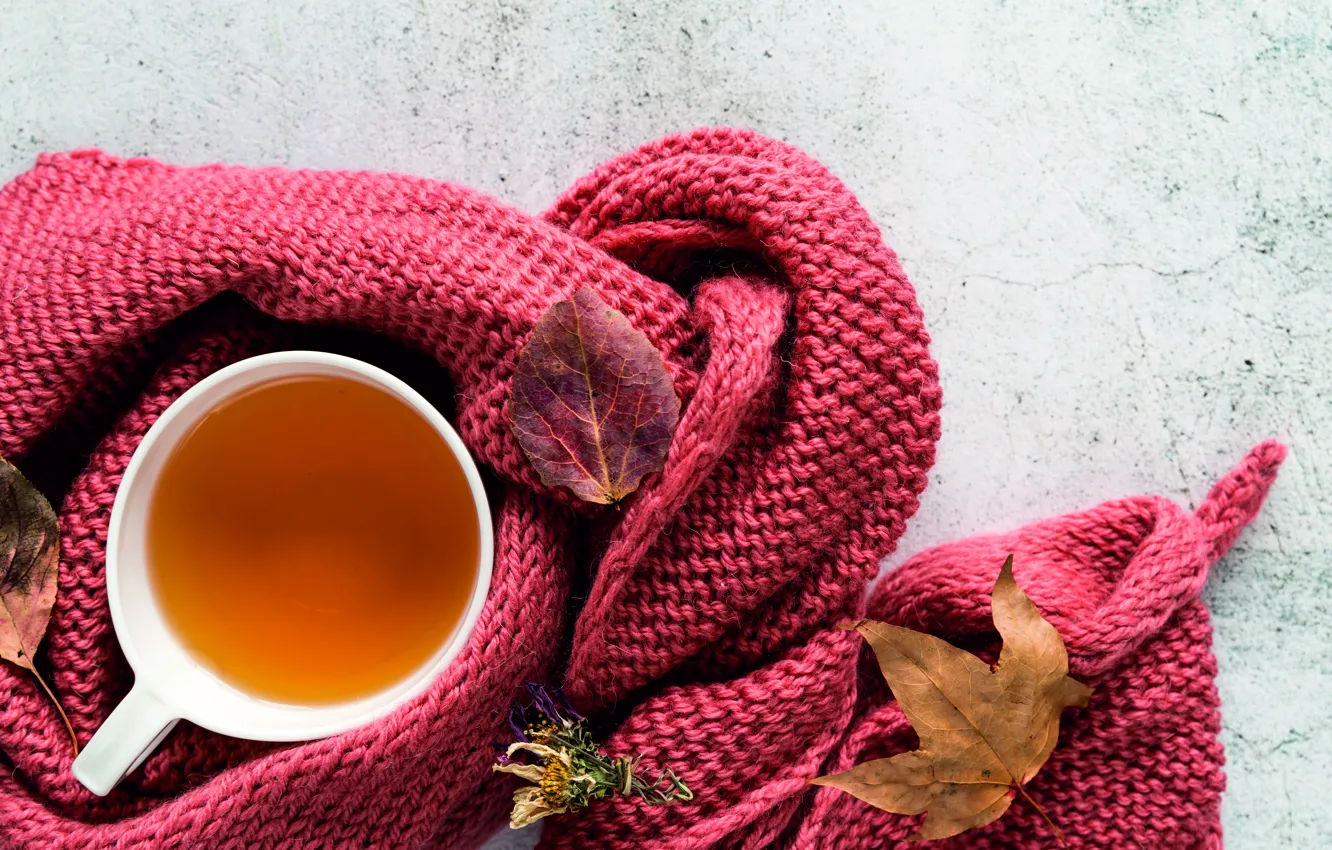 Photo wallpaper autumn, leaves, heat, tea, Cup, autumn, knitting, knitted thing