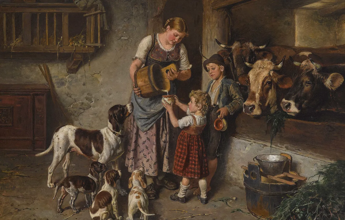 Photo wallpaper 1894, German painter, German painter, Adolf Eberle, Adolf Eberle, In the barn, In The Cowshed, …