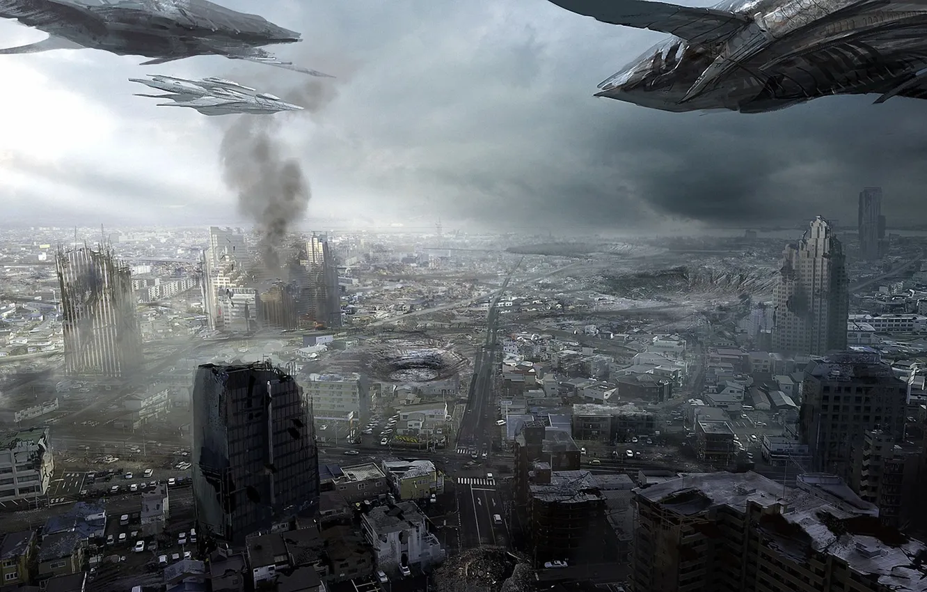 Photo wallpaper the city, smoke, ship, art, attack, ruins