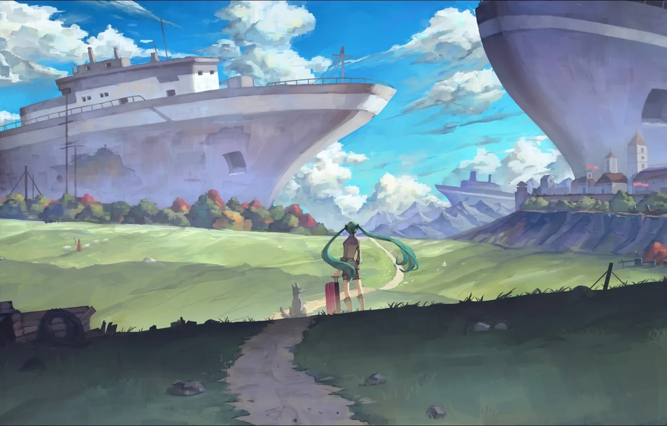 Photo wallpaper the sky, girl, clouds, landscape, ship, dog, anime, art