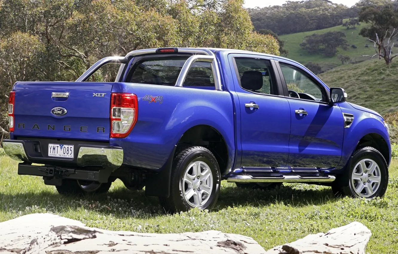 Photo wallpaper grass, trees, blue, Ford, jeep, Ford, rear view, pickup