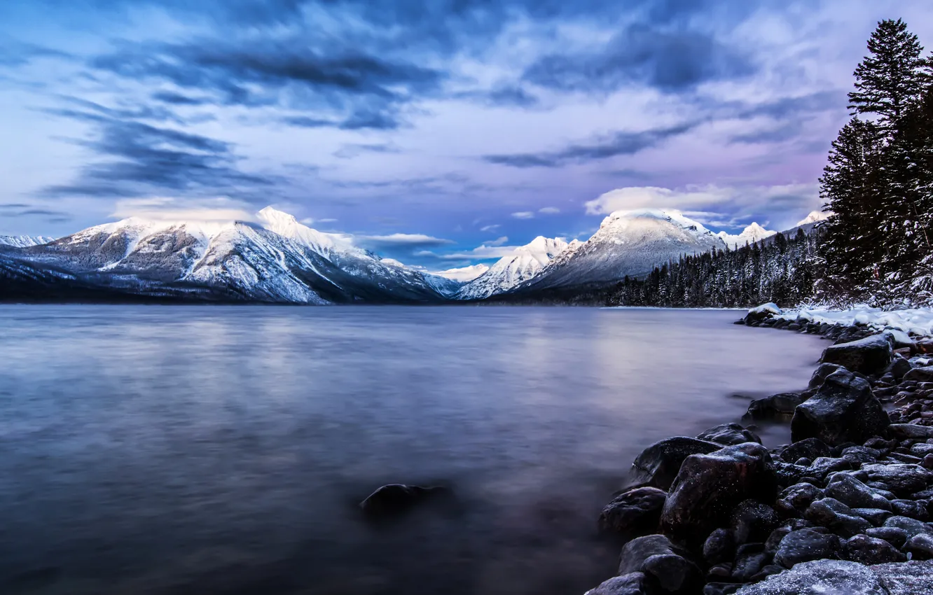 Photo wallpaper clouds, snow, mountains, nature, lake, USA, Glacier National Park, Montana