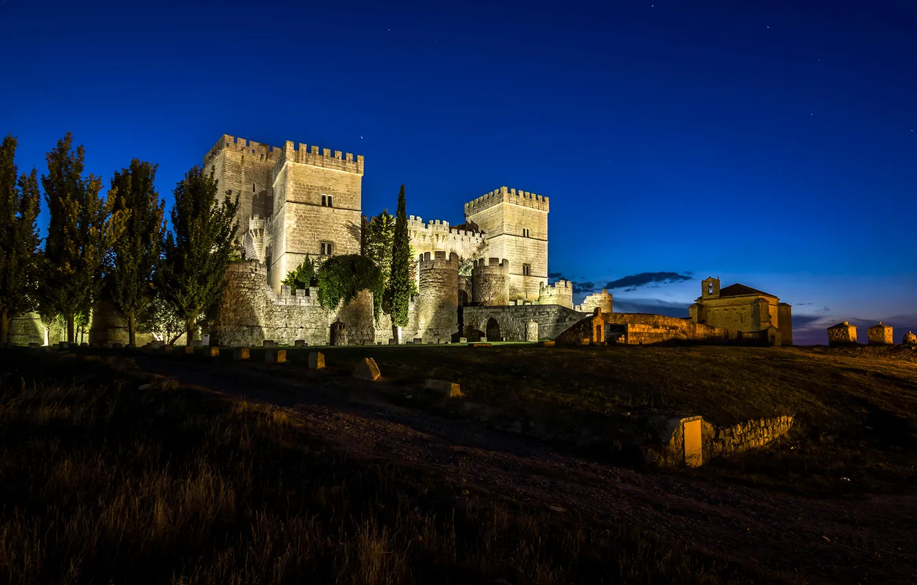 Photo wallpaper field, the sky, stars, trees, night, lights, castle, Spain