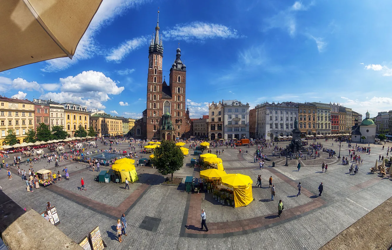 Photo wallpaper area, Poland, Krakow, the monument to Mickiewicz, Market main, St. Mary's costal