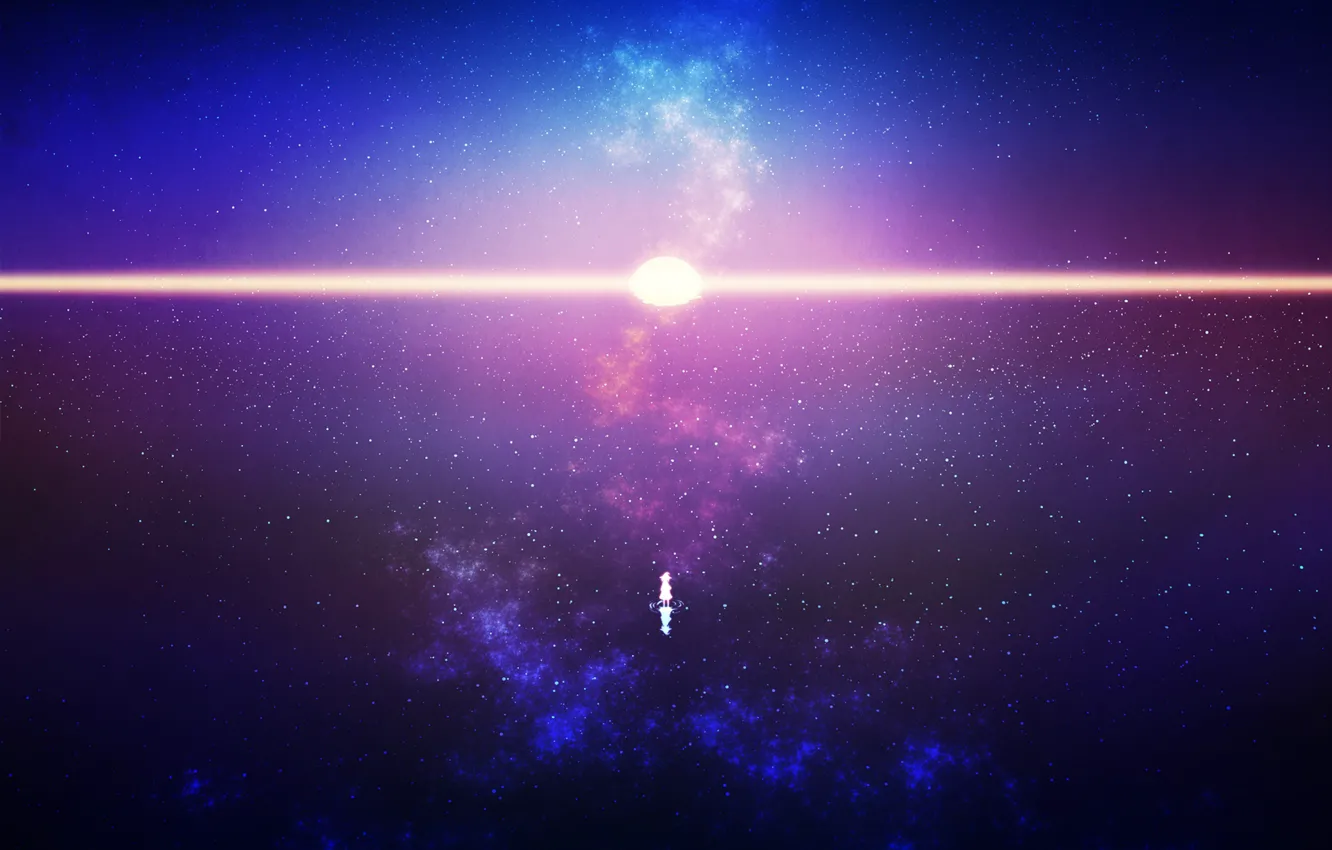 Photo wallpaper sea, the sky, the sun, night, horizon, fantasy, girl, witch