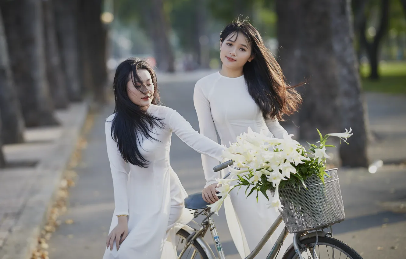 Photo wallpaper road, girl, light, trees, flowers, nature, bike, Park