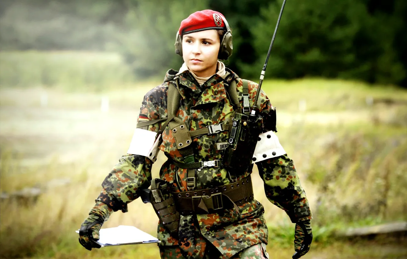 Photo wallpaper girl, background, blur, equipment, uniforms, soldier