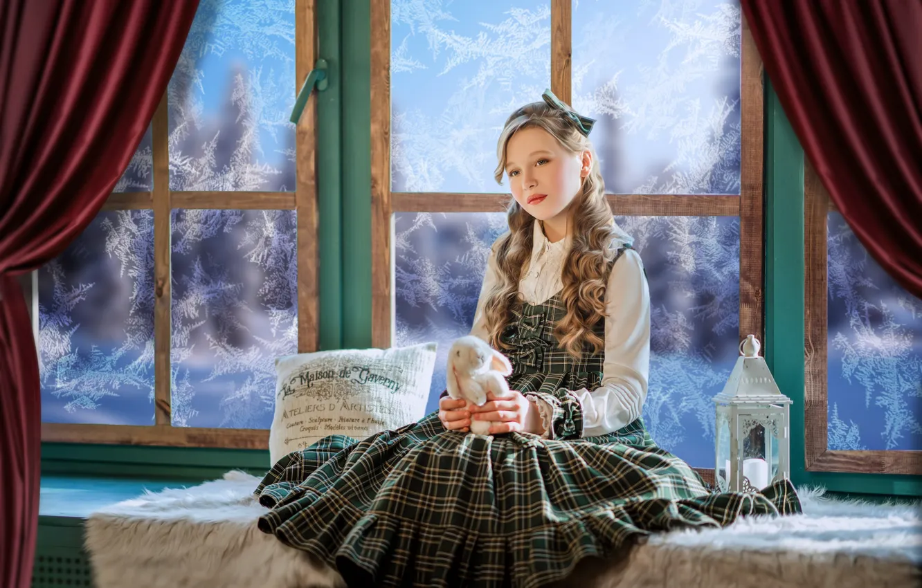 Photo wallpaper toy, rabbit, window, frost, girl, lantern, pillow, Bunny