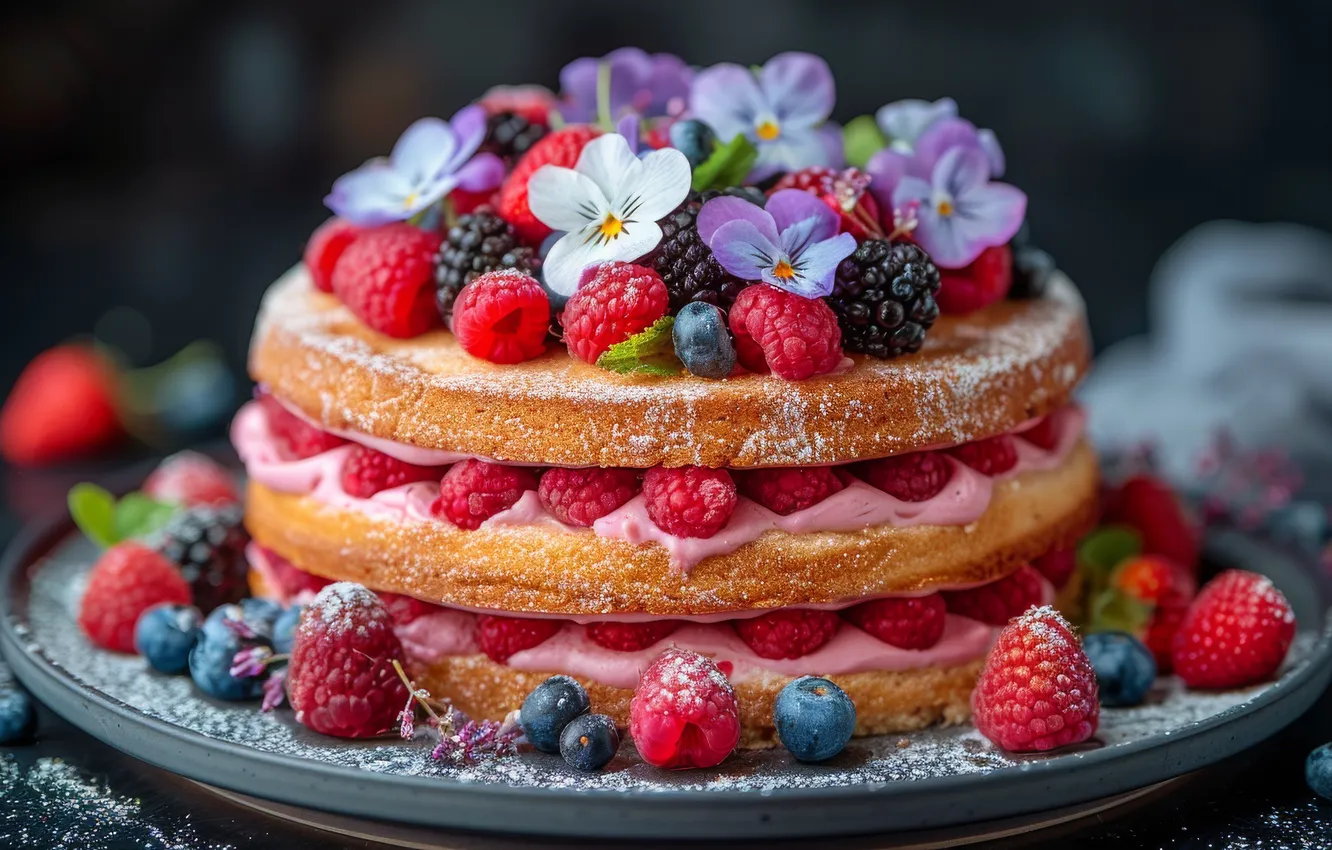 Photo wallpaper flowers, berries, raspberry, blueberries, cake, Pansy, cream, dessert